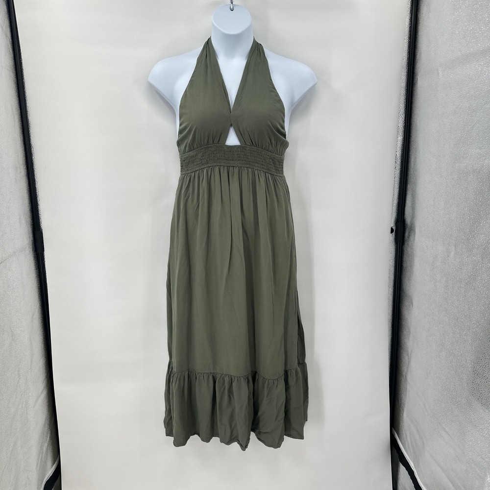 Coastal Olive Halter Midi Dress Large Boho Resort Smocked Sundress Beach
